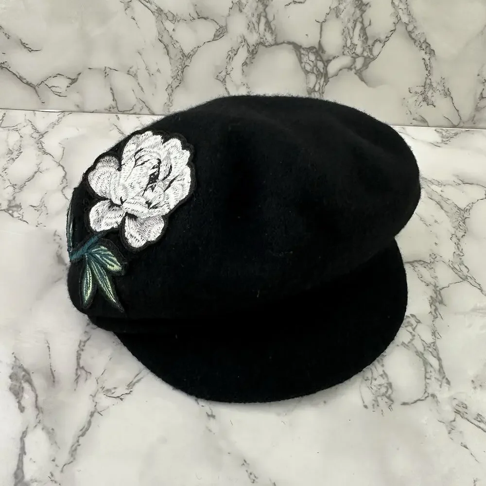 Nine West Womens Vintage Y2k Newsboy Hat Black White Flower Wool Blend